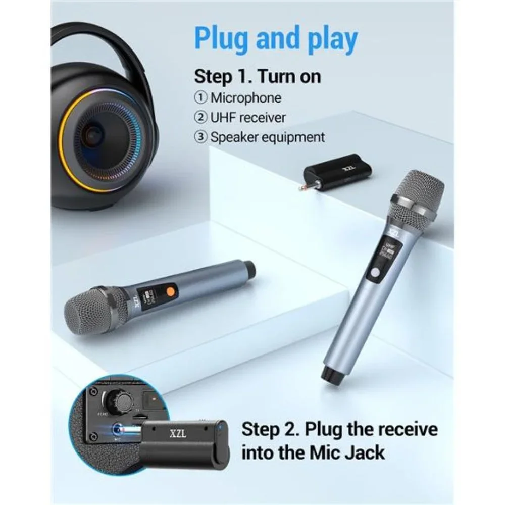 Professional Wireless Microphones for Karaoke Singing, Rechargeable Dual UHF